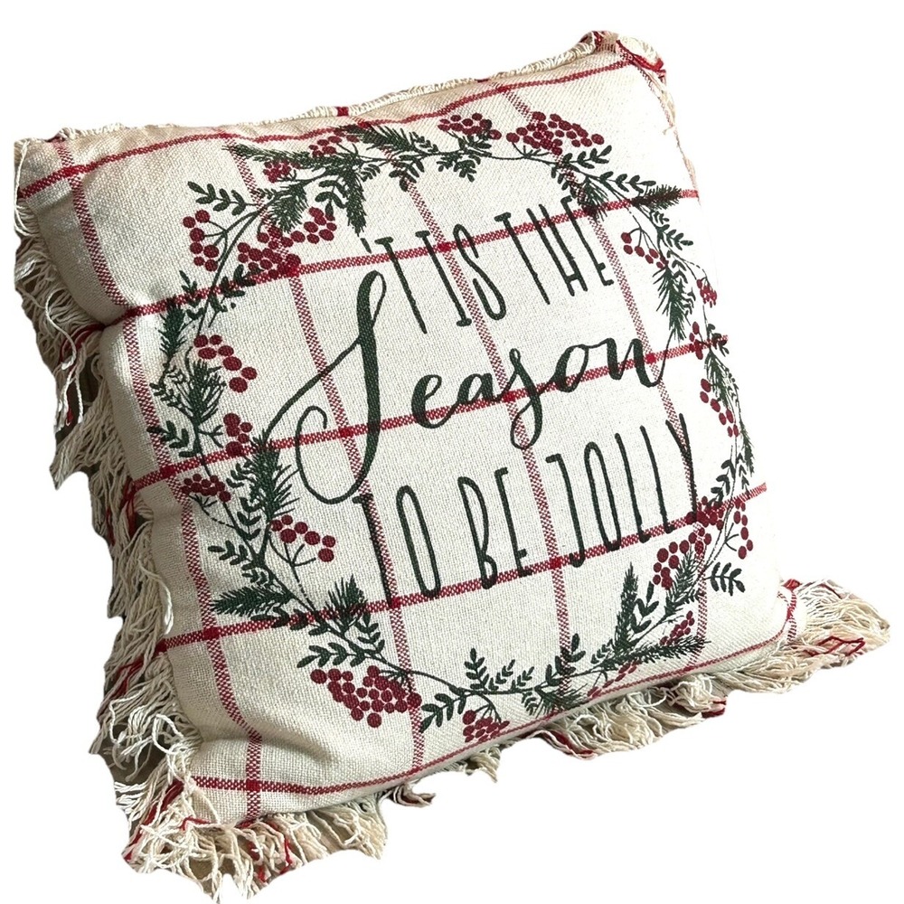 Christmas Throw Pillow Tis The Season Jolly Holly Maroon Berries ZIPS 19"x19"